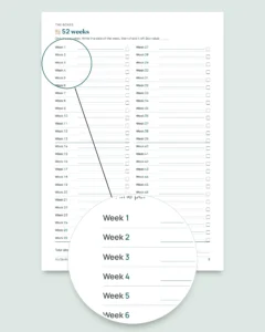 Savings Challenge — printable PDF notebook and spreadsheet that does the math, in your own currency (works with Excel, Google Sheets and LibreOffice)