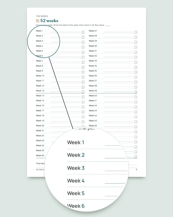 Savings Challenge — printable PDF notebook and spreadsheet that does the math, in your own currency (works with Excel, Google Sheets and LibreOffice)