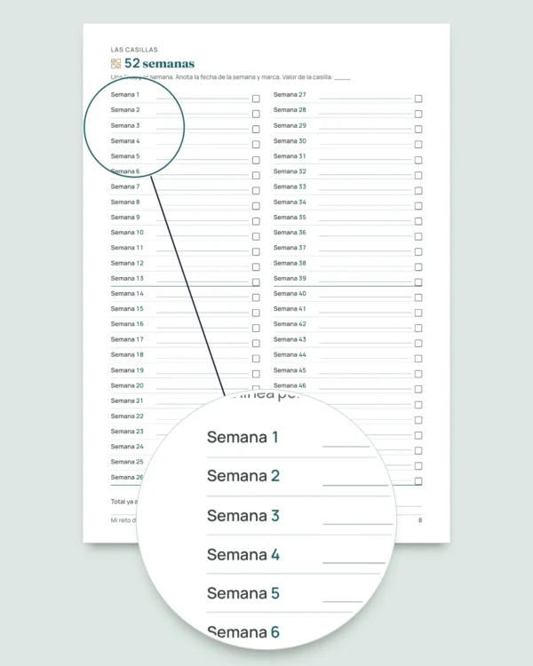 Reto de ahorro — cuaderno PDF para marcar y hoja de cálculo que hace las cuentas, en tu moneda (compatible con Excel, Google Sheets y LibreOffice)