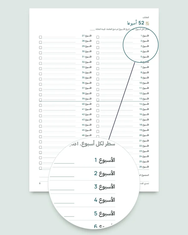 تحدي الادخار — دفتر PDF للتعبئة والطباعة ومصنف يحسب لك، بعملتك (متوافق مع Excel وGoogle Sheets وLibreOffice)