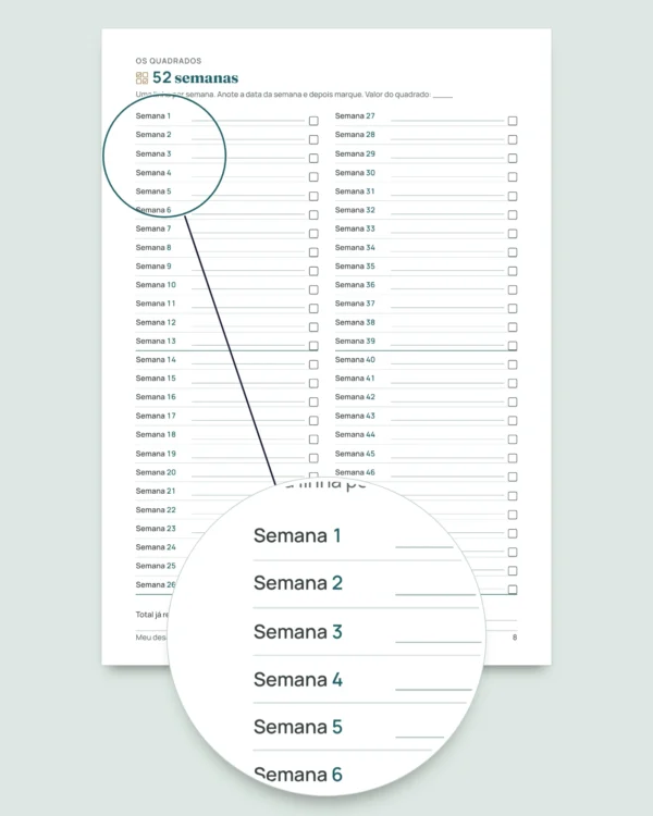 Desafio de poupar — caderno em PDF para marcar e planilha que faz as contas, na sua moeda (compatível com Excel, Google Sheets e LibreOffice)
