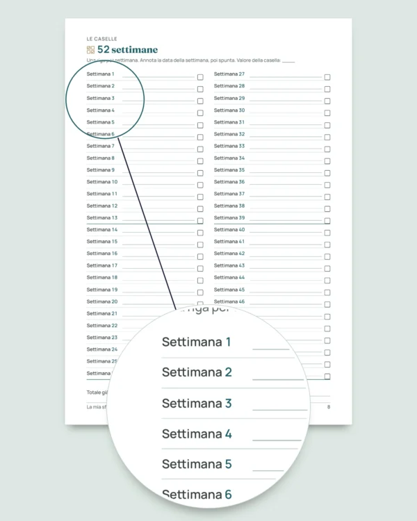 Sfida di risparmio — quaderno PDF da spuntare e foglio di calcolo che fa i conti, nella tua valuta (compatibile con Excel, Google Sheets e LibreOffice)