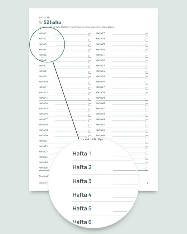 Tasarruf Challenge'ı — işaretlemeli PDF defter ve hesabı yapan tablo, kendi para biriminizde (Excel, Google Sheets ve LibreOffice ile uyumlu)