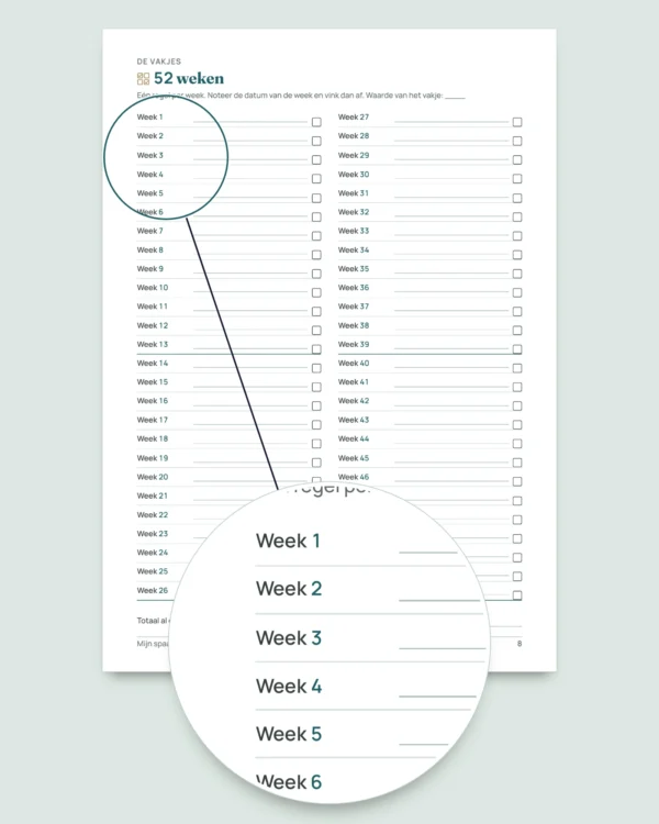 Spaaruitdaging — pdf-schrift om af te vinken en rekenmap in je eigen valuta (compatibel met Excel, Google Sheets en LibreOffice)