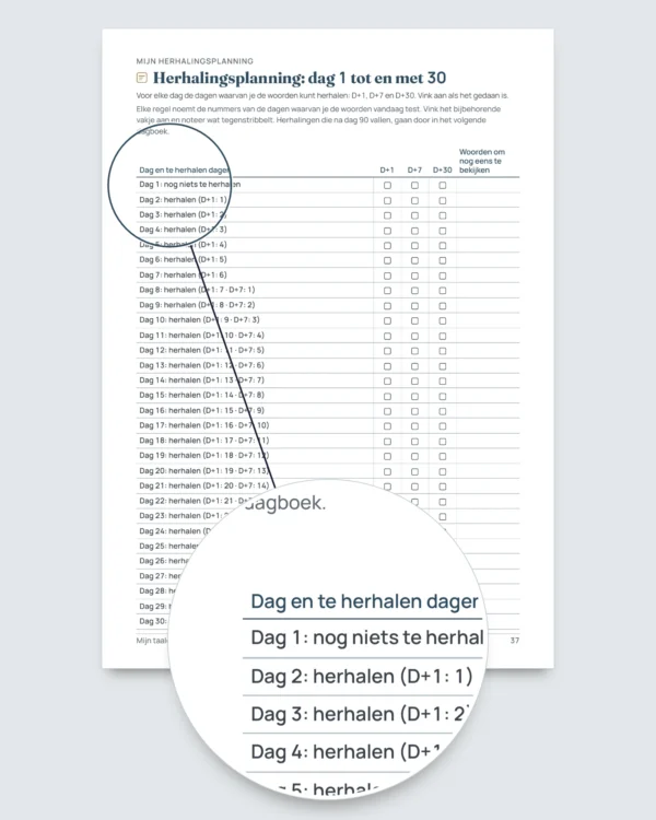Mijn taaldagboek — 90 dagen leren en woordenschat, voor elke taal (pdf om te printen)