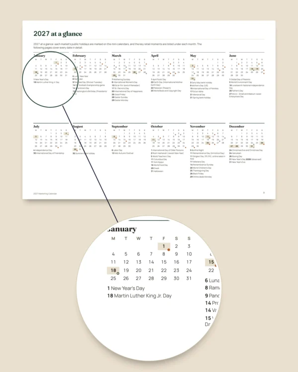 2027 Marketing Calendar — dates by market and post ideas, PDF + spreadsheet + calendar file