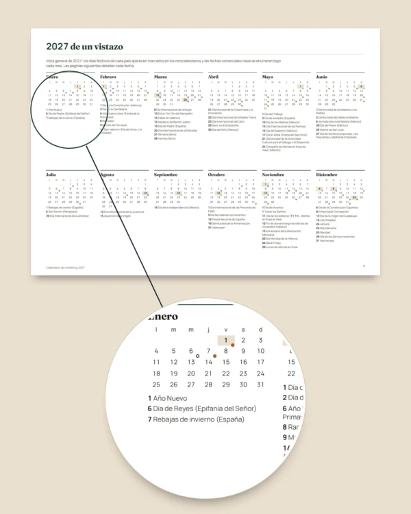 Calendario de marketing 2027 — fechas por país e ideas de publicación, PDF + hoja de cálculo + agenda