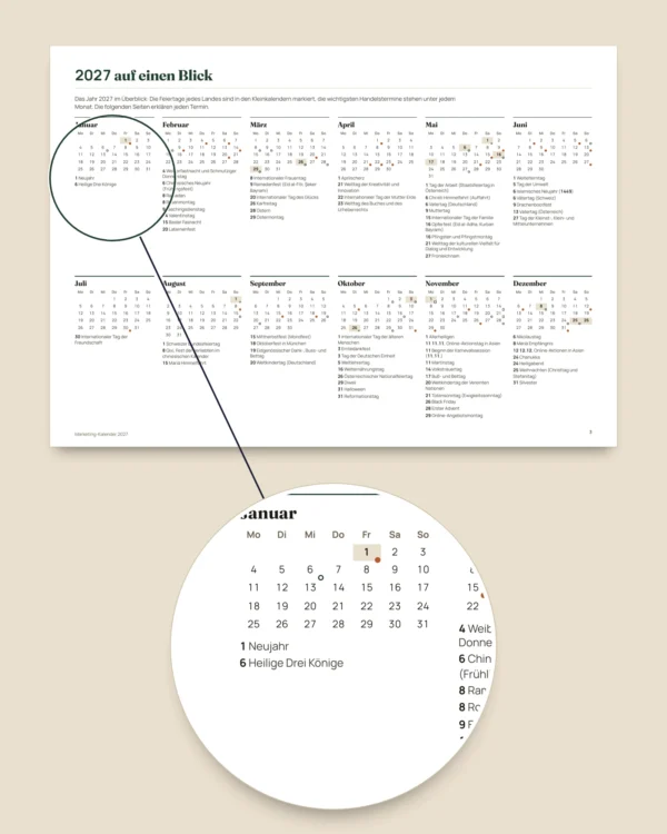 Marketing-Kalender 2027 — Termine nach Land und Ideen für Beiträge, PDF + Tabelle + Kalenderdatei