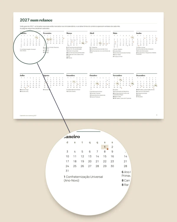 Calendário de marketing 2027 — datas comemorativas do Brasil e ideias de posts, PDF + planilha + agenda