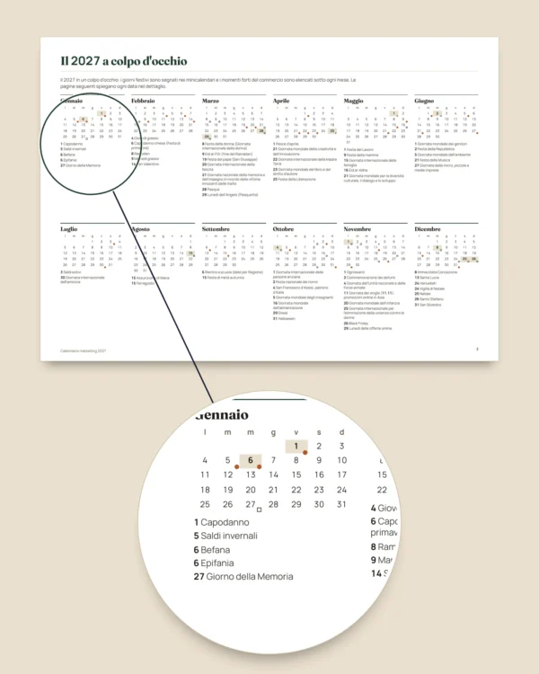 Calendario marketing 2027 — ricorrenze in Italia e idee per i post, PDF + foglio di calcolo + agenda