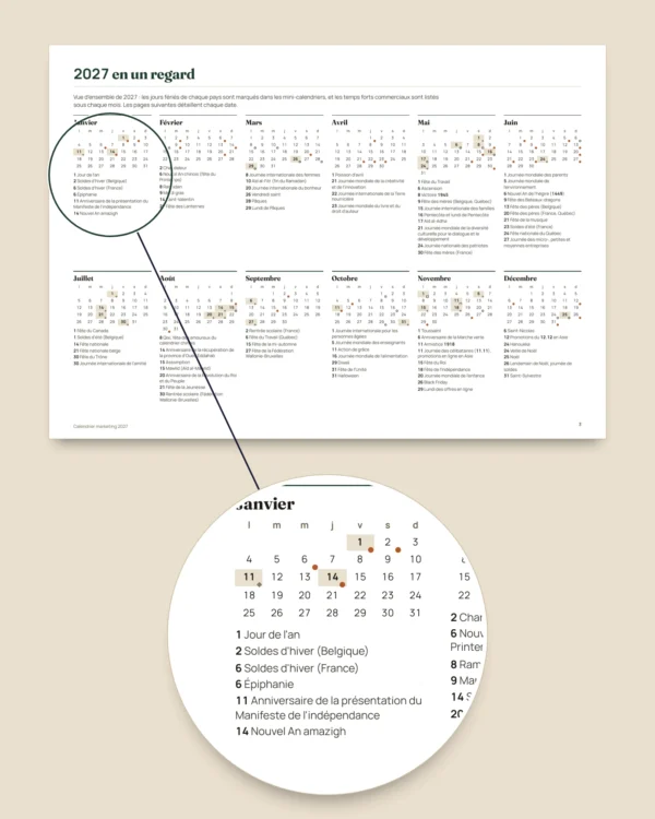 Calendrier marketing 2027 — dates par pays et idées de publication, PDF + tableur + agenda
