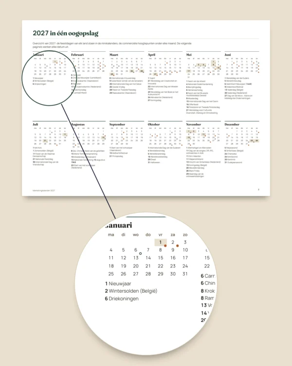 Marketingkalender 2027 — data per land en ideeën voor berichten, pdf + spreadsheet + agendabestand