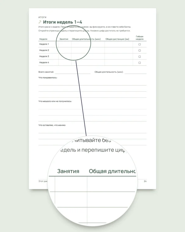 Мой дневник занятий — дневник тренировок на 12 недель (ходьба, бег, зал), PDF для печати