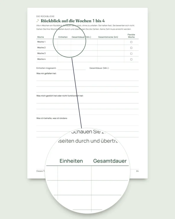 Mein Einheiten-Tagebuch — Trainingstagebuch für 12 Wochen (Gehen, Laufen, Fitnessstudio), PDF zum Ausdrucken
