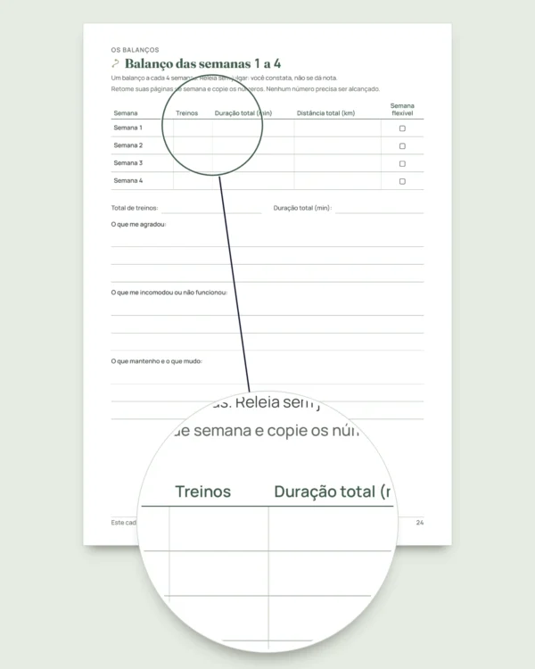 Meu diário de treinos — caderno de 12 semanas (caminhada, corrida, academia), PDF para imprimir
