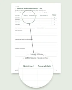 Il mio diario, sessione per sessione — diario di allenamento di 12 settimane (camminata, corsa, palestra), PDF da stampare