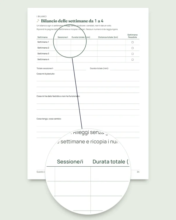Il mio diario, sessione per sessione — diario di allenamento di 12 settimane (camminata, corsa, palestra), PDF da stampare