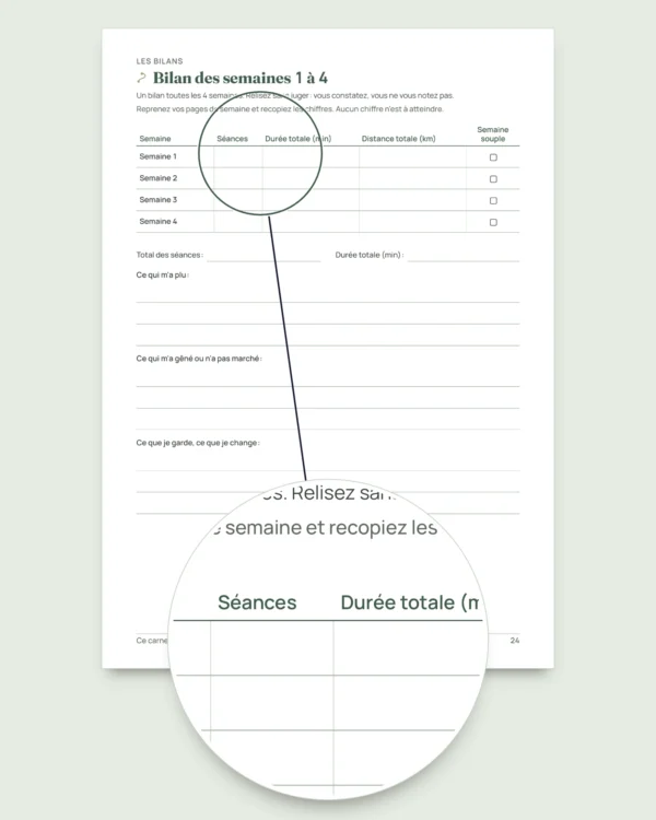 Mon carnet de séances — journal d'entraînement sur 12 semaines (marche, course, salle), PDF à imprimer