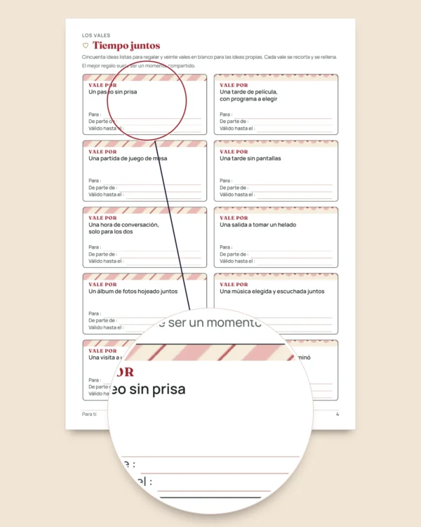 Para ti: Día de la Madre y Día del Padre, 50 vales para regalar, tarjetas para doblar y marcapáginas (PDF A4 y Letter)
