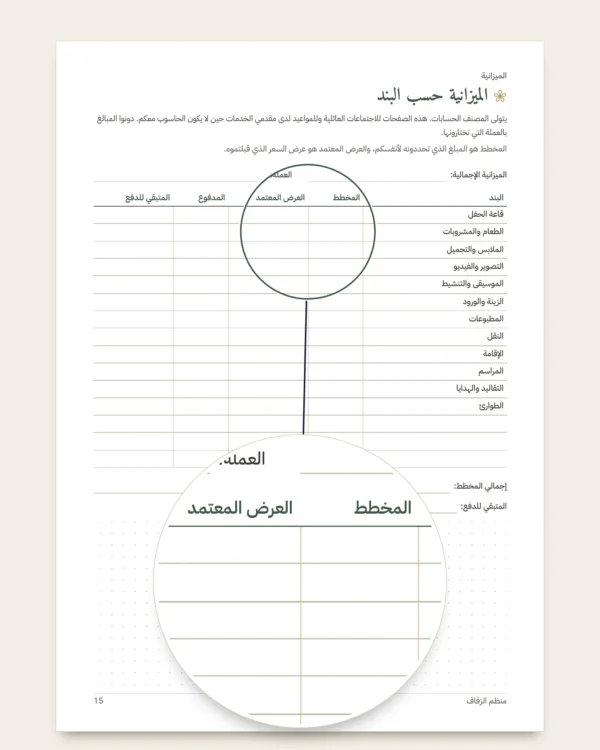 منظم الزفاف — دفتر PDF للطباعة ومصنف (متوافق مع Excel وGoogle Sheets وLibreOffice)، مهما كان تقليدكم