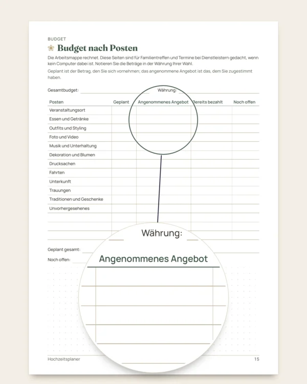 Hochzeitsplaner — PDF zum Ausdrucken und Budget-Tabelle, für jede Tradition