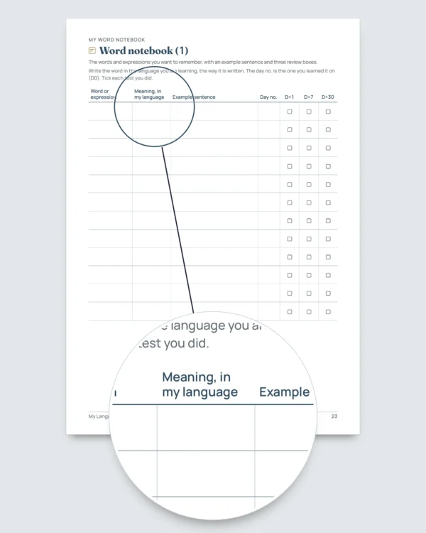 My Language Journal — 90 days of learning and vocabulary, for any language (printable PDF)