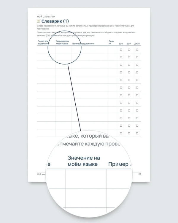 Мой языковой дневник — 90 дней : обучение и словарик для любого языка (PDF для печати)