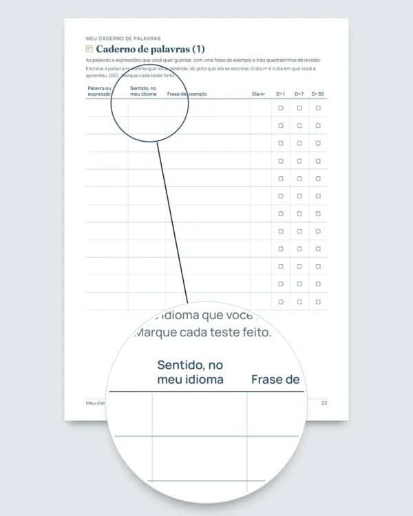 Meu diário de idioma — 90 dias de estudo e vocabulário, para qualquer idioma (PDF para imprimir)