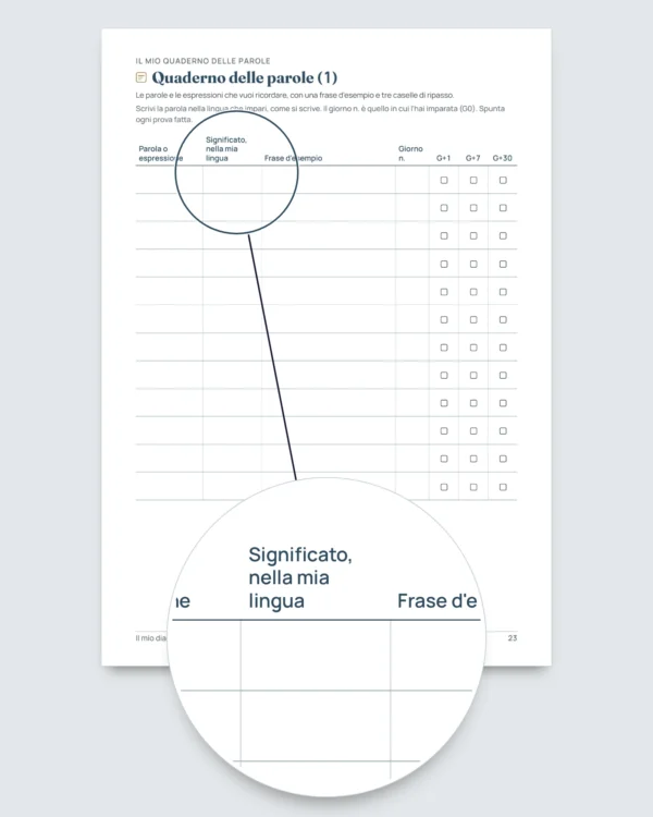 Il mio diario di lingua — 90 giorni di apprendimento e vocabolario, per qualsiasi lingua (PDF da stampare)
