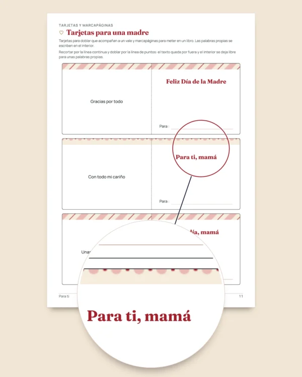 Para ti: Día de la Madre y Día del Padre, 50 vales para regalar, tarjetas para doblar y marcapáginas (PDF A4 y Letter)