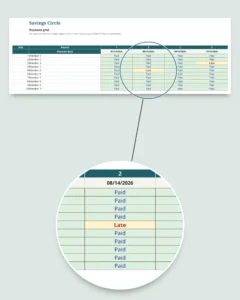Savings Circle — susu, pardner and committee tracker: spreadsheet and printable PDF notebook (works with Excel, Google Sheets and LibreOffice)