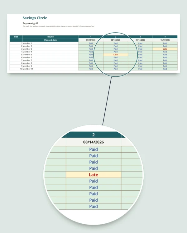 Savings Circle — susu, pardner and committee tracker: spreadsheet and printable PDF notebook (works with Excel, Google Sheets and LibreOffice)