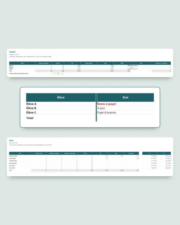 Cours particuliers — classeur des élèves, séances et paiements + carnet PDF à imprimer (Excel, Google Sheets et LibreOffice)