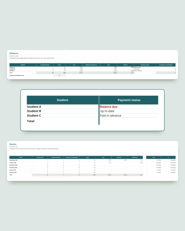 Private Lessons Tracker — workbook for students, lessons and payments + printable PDF notebook (Excel, Google Sheets and LibreOffice)