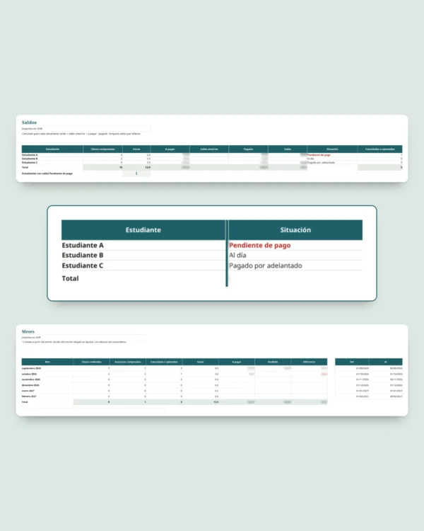 Control de clases particulares — plantilla Excel de estudiantes, clases y pagos + cuaderno PDF para imprimir (Excel, Google Sheets y LibreOffice)