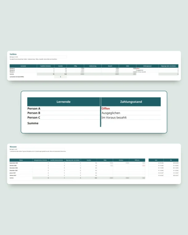 Privatunterricht & Nachhilfe — Arbeitsmappe für Lernende, Einheiten und Zahlungen + PDF-Heft zum Ausdrucken (Excel, Google Sheets und LibreOffice)