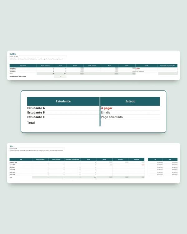 Aulas particulares — planilha de estudantes, aulas e pagamentos + caderno PDF para imprimir (Excel, Google Sheets e LibreOffice)