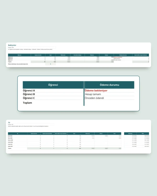 Özel ders takip tablosu — öğrenciler, dersler ve ödemeler için tablo + yazdırılabilir PDF defter (Excel, Google Sheets ve LibreOffice)