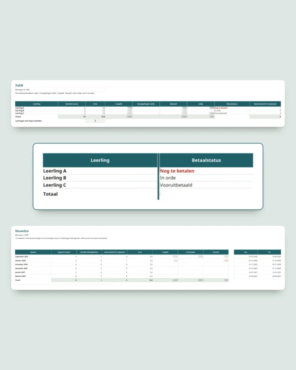 Privélessen & bijles — werkmap voor leerlingen, lessen en betalingen + PDF-boekje om te printen (Excel, Google Sheets en LibreOffice)