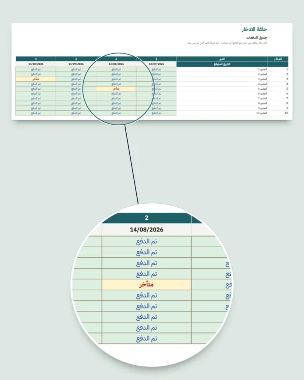 حلقة الادخار — سجل جمعيتكم بين الأقارب والأصدقاء: مصنف جداول ودفتر PDF (متوافق مع Excel وGoogle Sheets وLibreOffice)