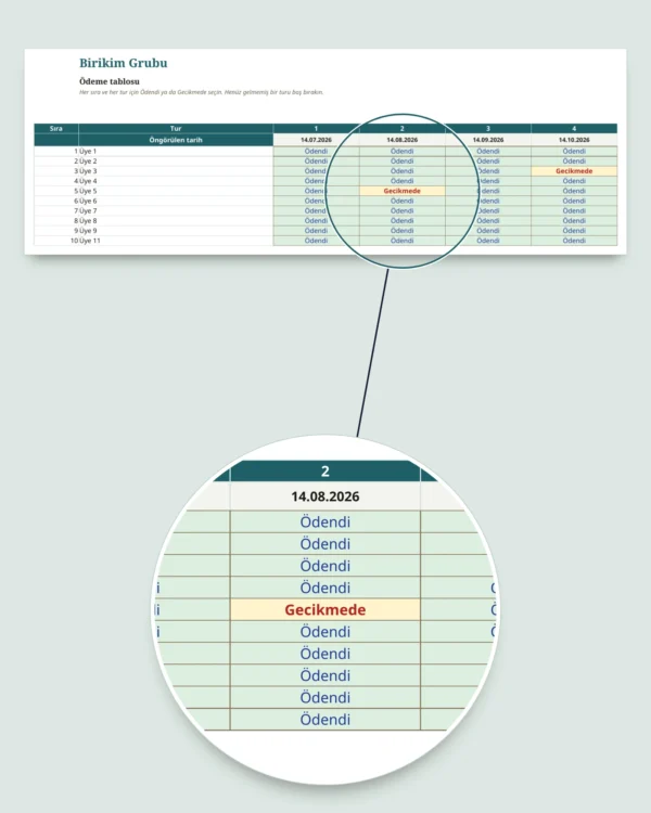 Birikim Grubu — altın günü ve para günü için güvene dayalı kayıt: tablo ve PDF defter (Excel, Google Sheets ve LibreOffice ile uyumlu)
