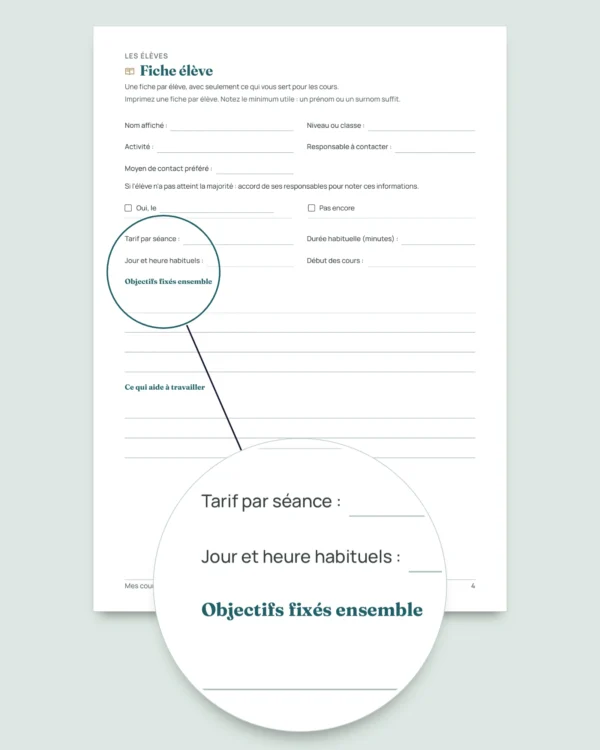 Cours particuliers — classeur des élèves, séances et paiements + carnet PDF à imprimer (Excel, Google Sheets et LibreOffice)