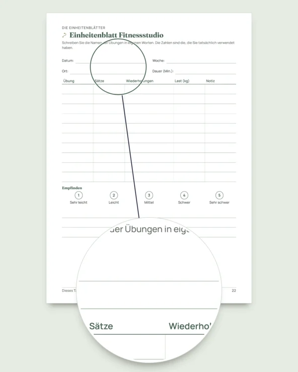 Mein Einheiten-Tagebuch — Trainingstagebuch für 12 Wochen (Gehen, Laufen, Fitnessstudio), PDF zum Ausdrucken