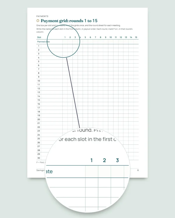 Savings Circle — susu, pardner and committee tracker: spreadsheet and printable PDF notebook (works with Excel, Google Sheets and LibreOffice)