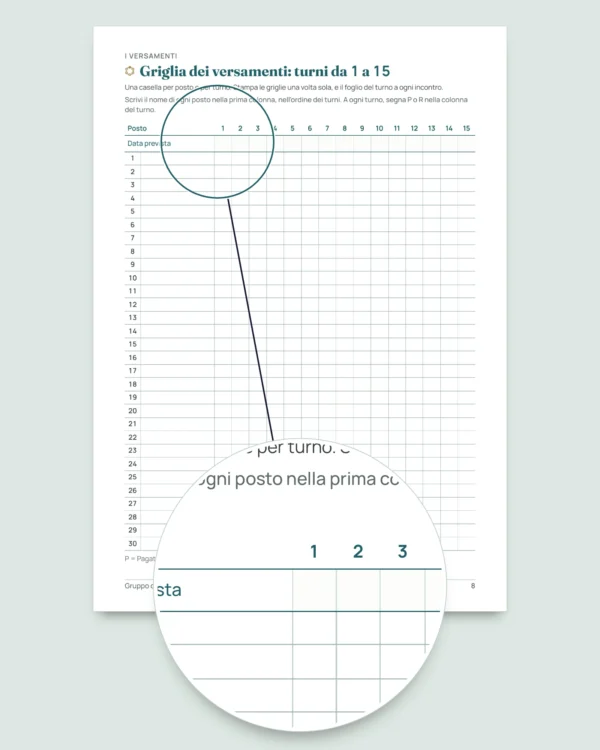 Gruppo di risparmio a turno — il registro del tuo gruppo tra persone di fiducia: foglio di calcolo e quaderno PDF (compatibile con Excel, Google Sheets e LibreOffice)
