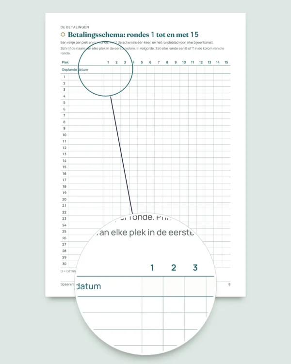 Spaarkring (kasmoni, tontine) — het register van je kring onder vertrouwde mensen: spreadsheet en PDF-boekje (compatibel met Excel, Google Sheets en LibreOffice)