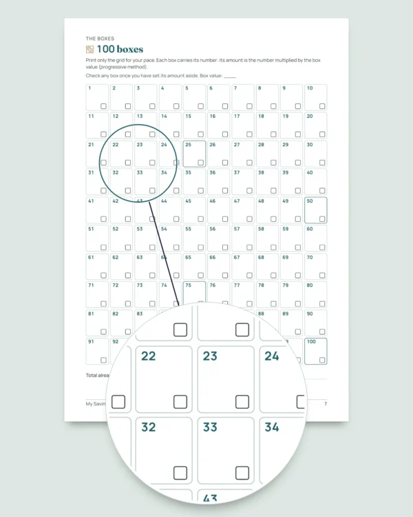 Savings Challenge — printable PDF notebook and spreadsheet that does the math, in your own currency (works with Excel, Google Sheets and LibreOffice)
