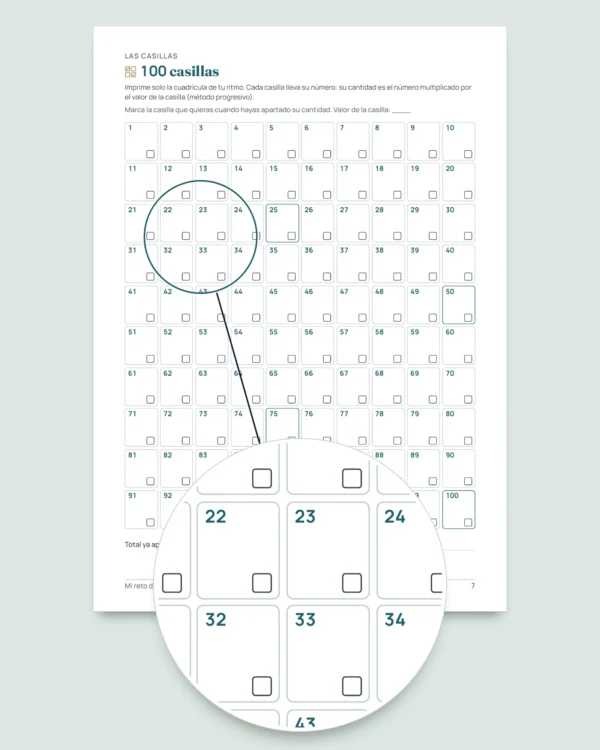 Reto de ahorro — cuaderno PDF para marcar y hoja de cálculo que hace las cuentas, en tu moneda (compatible con Excel, Google Sheets y LibreOffice)