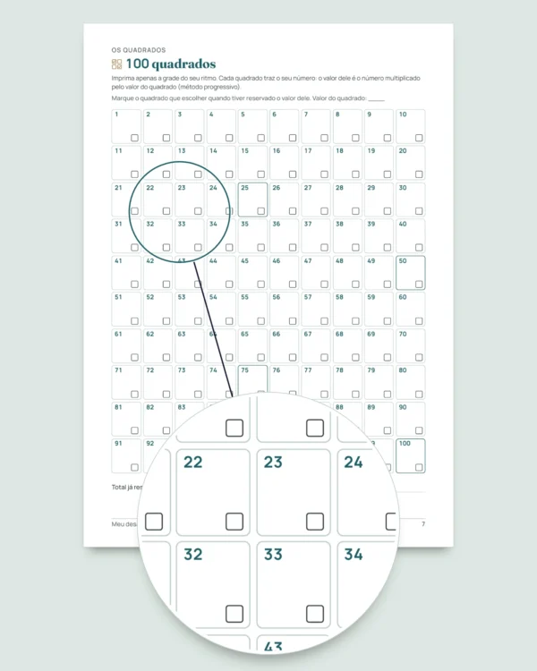 Desafio de poupar — caderno em PDF para marcar e planilha que faz as contas, na sua moeda (compatível com Excel, Google Sheets e LibreOffice)