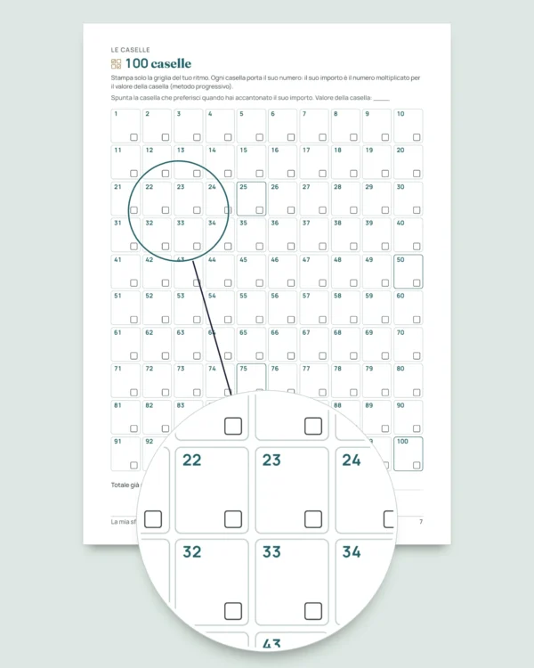 Sfida di risparmio — quaderno PDF da spuntare e foglio di calcolo che fa i conti, nella tua valuta (compatibile con Excel, Google Sheets e LibreOffice)